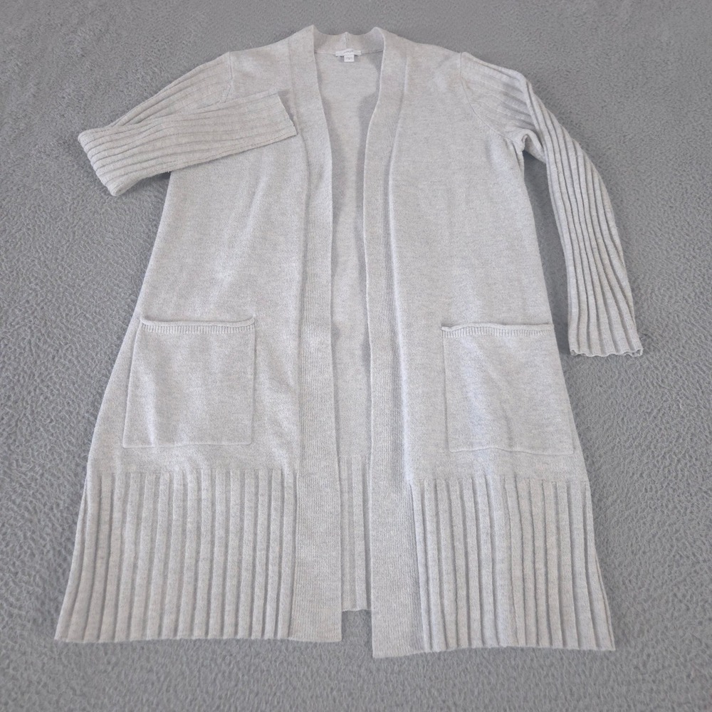 Pure Jill Sweater Womens Medium Gray Ribbed-Sleeve Cardigan Cotton Blend Pockets